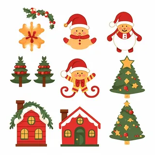 圣诞雪人树雪花圣诞老人卡通插画素材