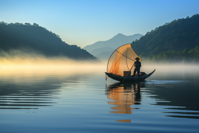 湖泊江河里的打渔船老伯摄影图