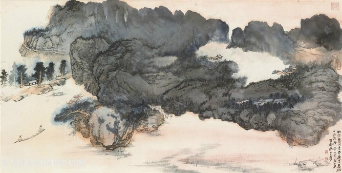 张大千手绘水墨山脉风景画