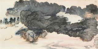 张大千手绘水墨山脉风景画