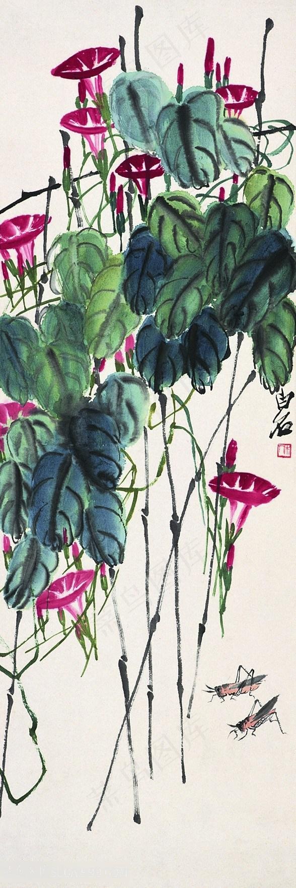 齐白石牵牛花与蚱蜢国画图片