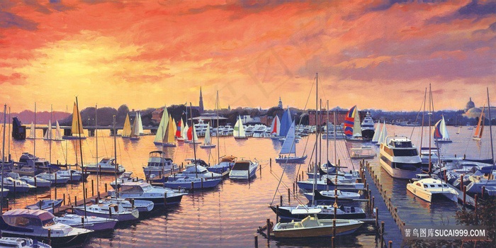 港口船唯美油画风景画