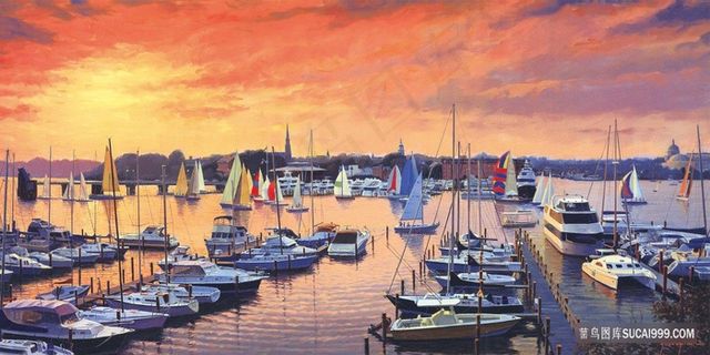 港口船唯美油画风景画