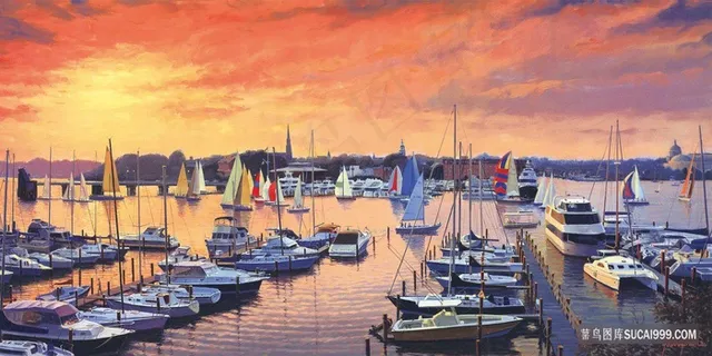 港口船唯美油画风景画