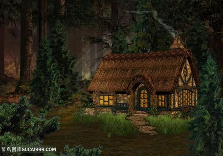 乡村木屋风景画画意背景图