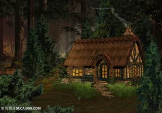 乡村木屋风景画画意背景图