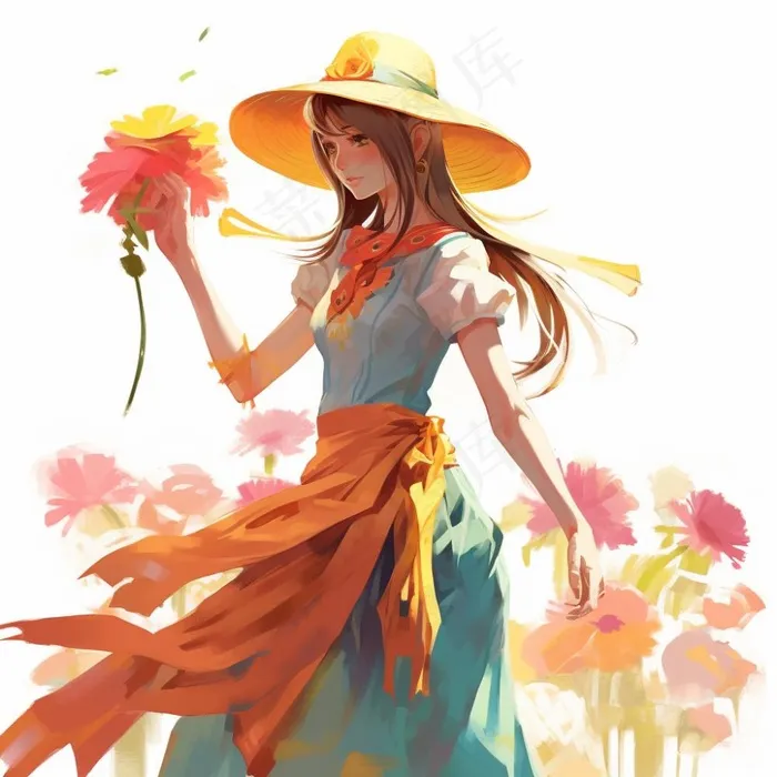 穿裙子的少女草帽色彩鲜艳卡通插画素材(1024x1024)