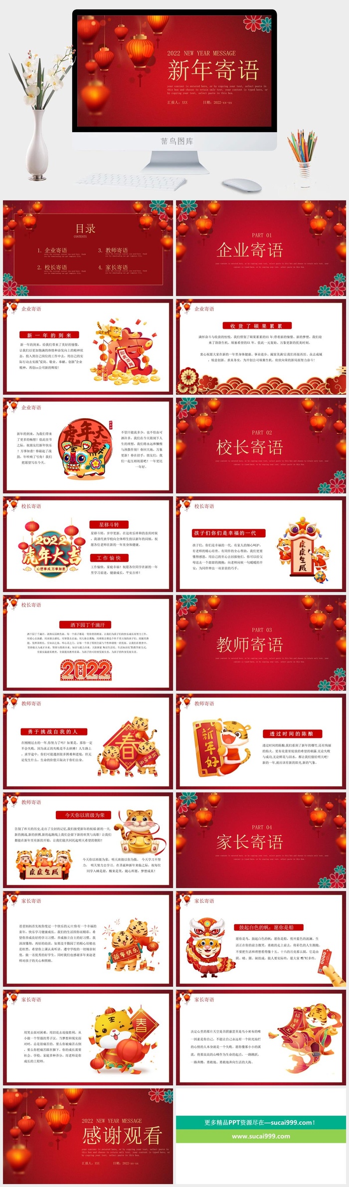 红色喜庆卡通风新年寄语PPT模板