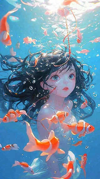 阳光水底光照游泳长发美人，鱼类金鱼，水气泡