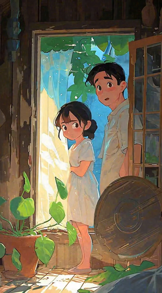 夏天炎热夏至室内小孩儿童吹风扇手绘插画(816x1472)