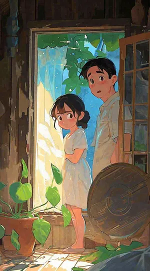 夏天炎热夏至室内小孩儿童吹风扇手绘插画