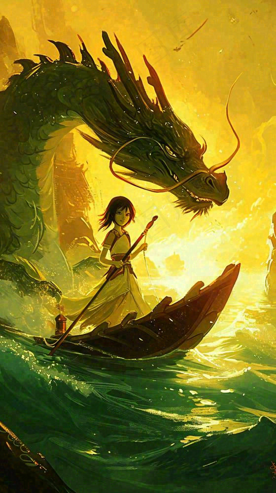 国风中国龙龙年落日黄绿色意境海浪插画手绘(816x1456)