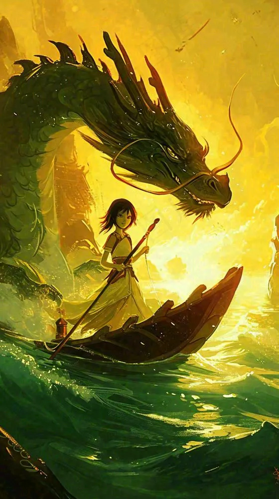 国风中国龙龙年落日黄绿色意境海浪插画手绘(816x1456)