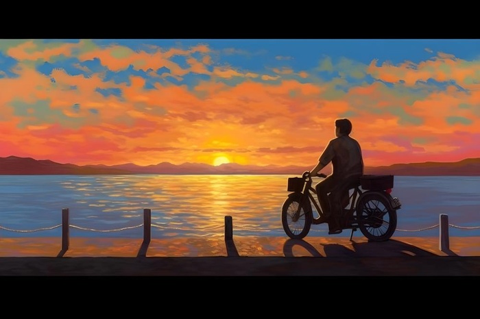 夕阳下骑自行车海边背景