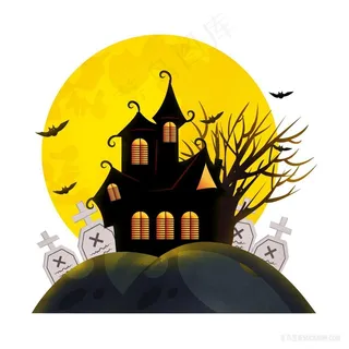 万圣节月亮房子城堡坟墓插画 万圣节月亮房子城堡坟墓插画