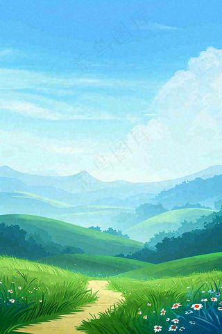 春天郊外旅行蓝天白云清新草地手绘，春分