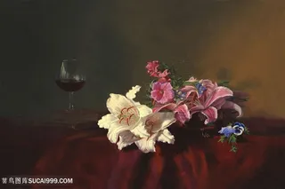 放在桌上的红酒杯和百合花卉油画图片