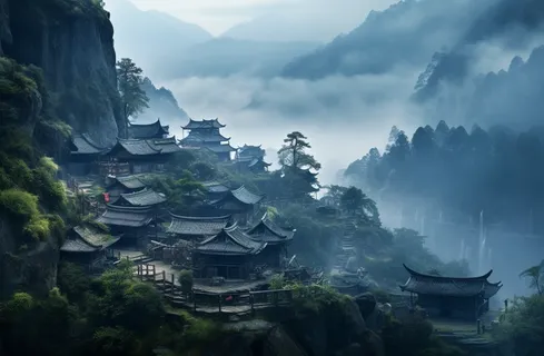 云雾缭绕群山之中有很多古代建筑,仙境