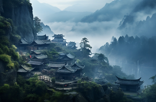 云雾缭绕群山之中有很多古代建筑,仙境