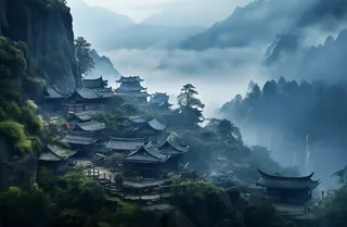 云雾缭绕群山之中有很多古代建筑,仙境