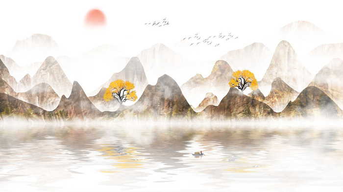 湖水山川水彩绘画PSD素材