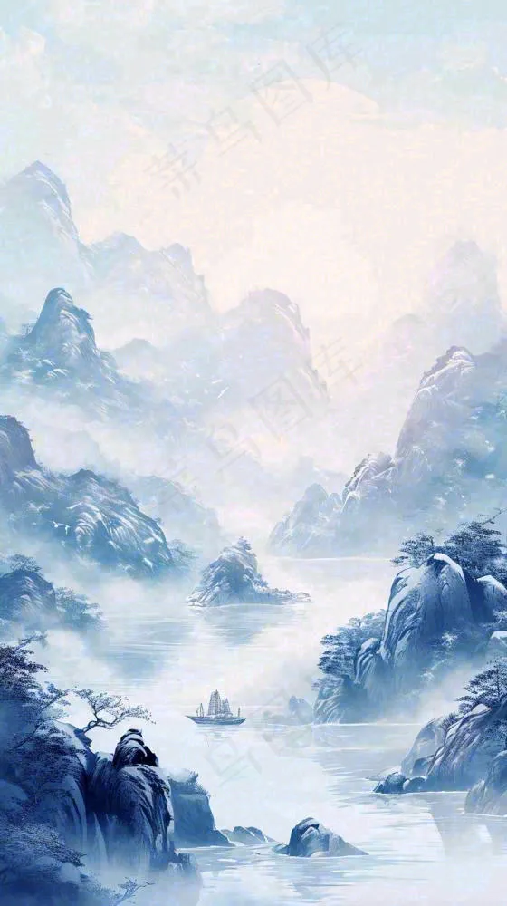 中国风山雾云海山脉意境山水画(816x1456)