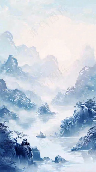 中国风山雾云海山脉意境山水画