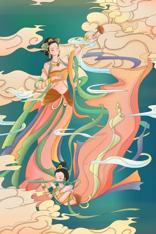 复古中国风国潮神话人物敦煌插画仙女手绘海报背景PSD设计素材