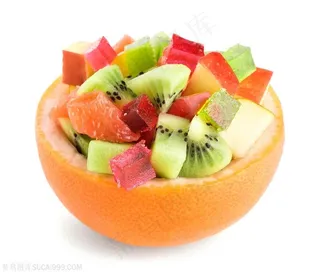 橙子壳里的新鲜水果切片高清图片