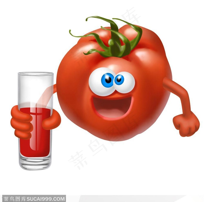 有趣的西红柿卡通水果形象装有番茄汁的玻璃杯