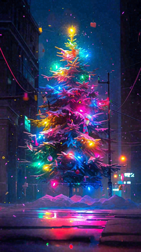 炫酷圣诞彩色缤纷圣诞树节日，夜晚街道建筑，暗黑