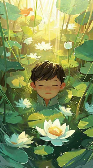 夏日温暖阳光墨绿荷花池荷叶，睡眠男孩