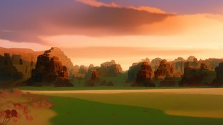 大气写意色块风景插画壁纸背景-晚霞下的草原与石窟