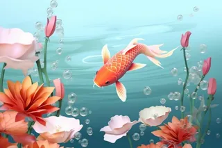 简约金鱼粉色花水花背景