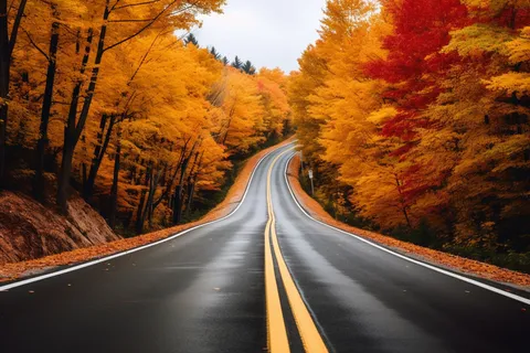 秋天蜿蜒的公路两侧的金黄色红色树木摄影图