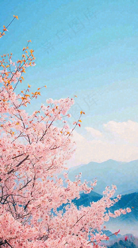 春天山河边蓝天粉色樱花花朵，惊蛰立春(816x1456)