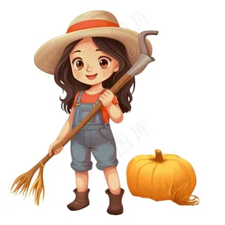 秋收女孩农忙工具南瓜麦子插画免抠