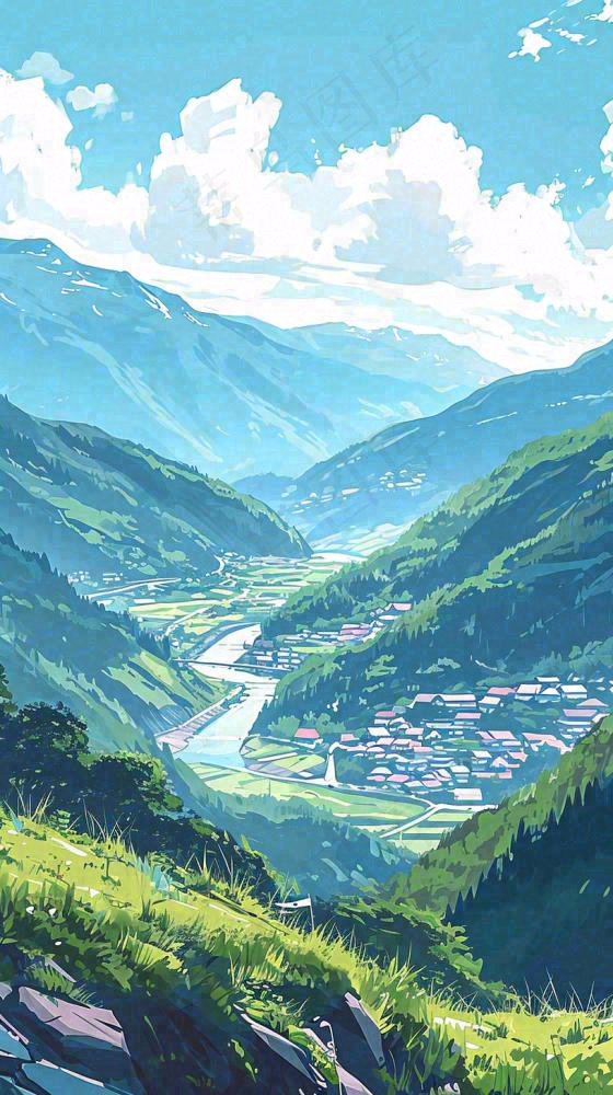 蓝天白云连绵山脉小溪河流小屋，阳光晴天