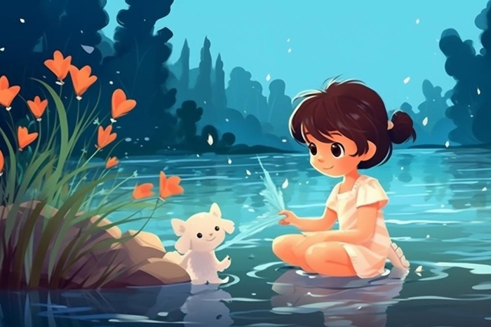 儿童河边玩水花朵女孩背景(1344x896)