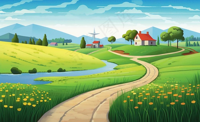乡村村庄美丽风景河流插画农田插画背景(1408x864)