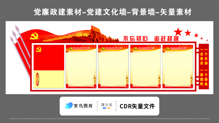 党建文化墙党建素材CDR预览图红色背景不忘初心追赶超越党员堡垒cdr矢量模版下载