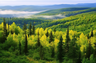 森林深处山川雾气环绕摄影图