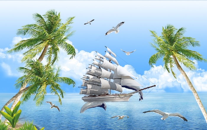 一帆风顺海边海豚叶子背景