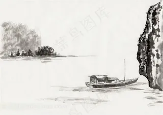 江上的渔船和悬崖水墨画