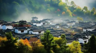 江西婺源清晨的村落里的烟火气风光摄影图