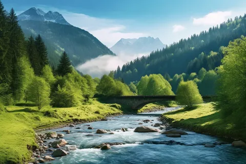 清晨雾气下的森林河流摄影图  清晨雾气下的森林河流摄影图