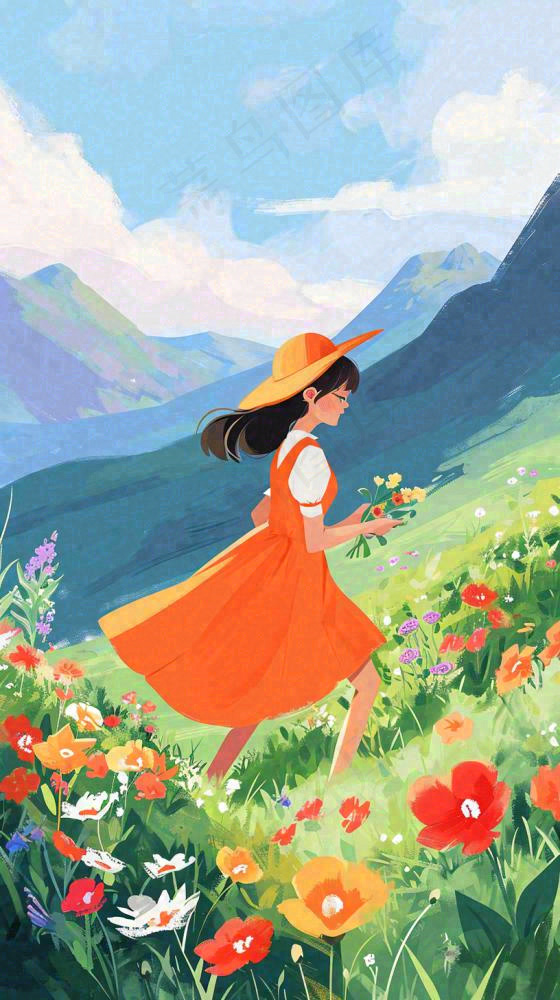 春天山脉草坪花海上穿裙子的女孩油画手绘插画，清新浪漫，踏青春游(816x1456)