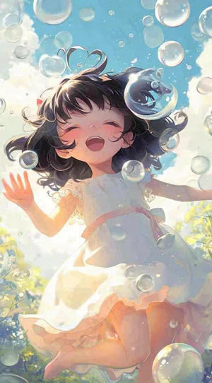 春天夏天女孩草地玩耍，阳光白云气泡可爱插画