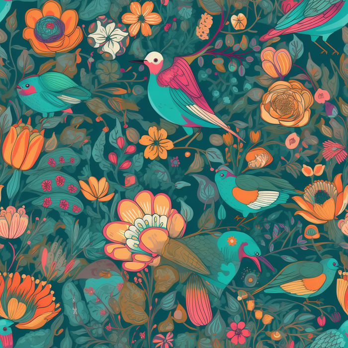 花鸟图，插画风格，无缝贴图，素材