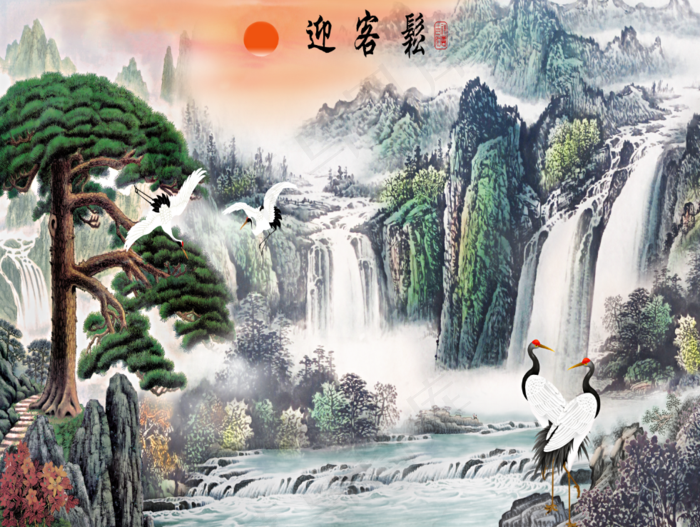 新中式简笔画山水花鸟骏马丹顶鹤客厅卧室走廊装饰画玄关壁画图画海报psd模版下载